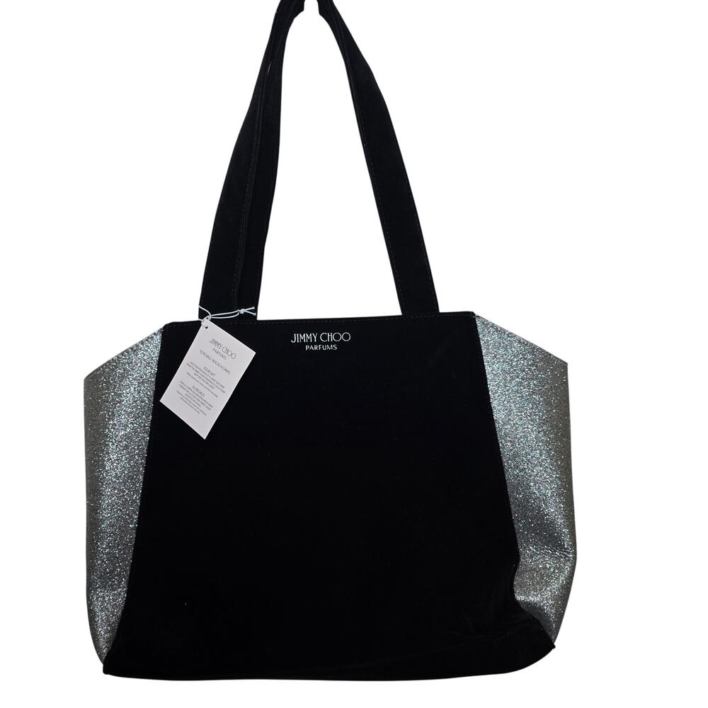 Jimmy Choo Tote Bag Black Velvet Silver Glitter Carry Overnight Velvet  15x12x6